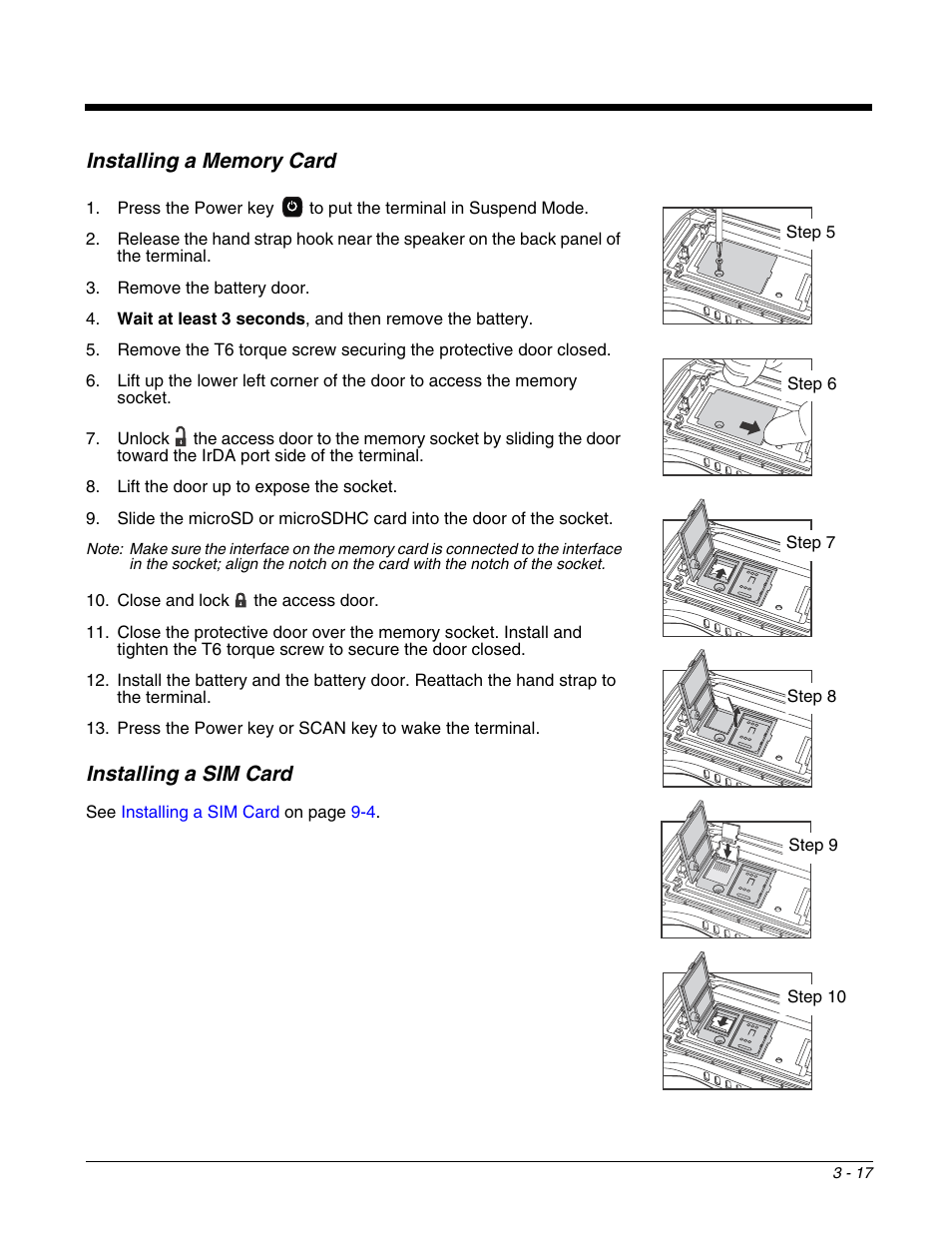 Installing a memory card, Installing a sim card | Honeywell DOLPHIN 99EX User Manual | Page 43 / 190