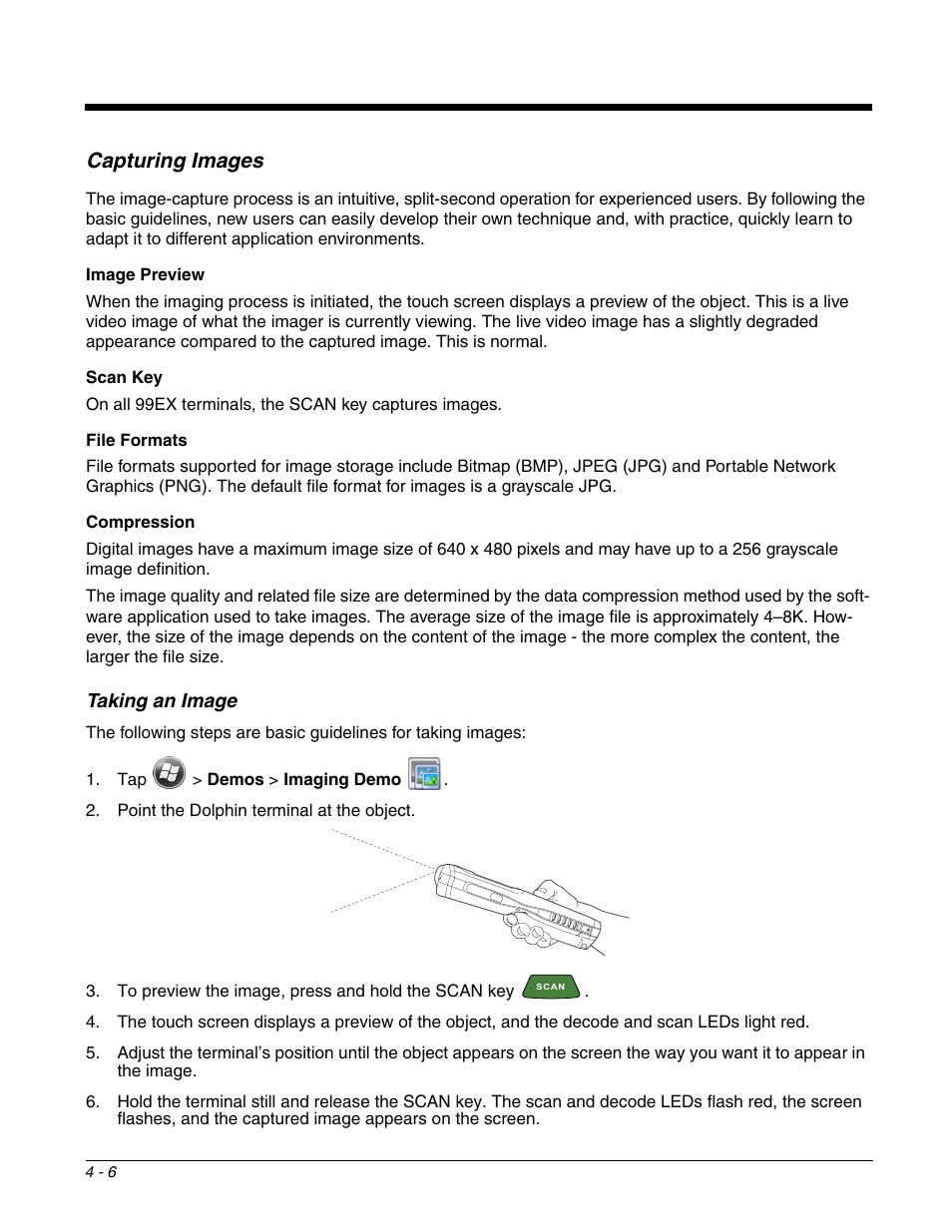 Capturing images, Taking an image, Capturing images -6 | Taking an image -6 | Honeywell DOLPHIN 99EX User Manual | Page 50 / 190