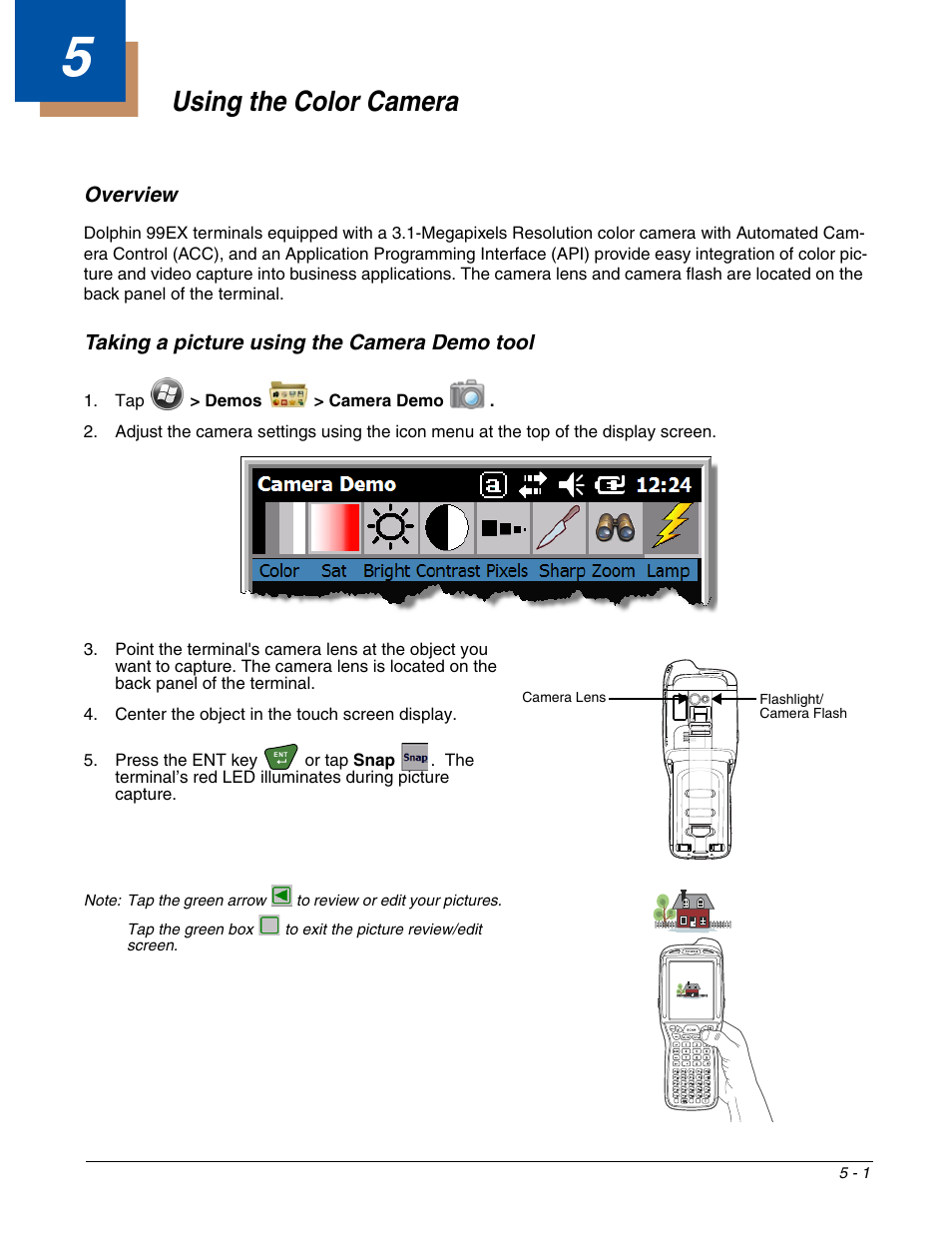 Using the color camera, Overview, Taking a picture using the camera demo tool | Chapter 5 - using the color camera | Honeywell DOLPHIN 99EX User Manual | Page 53 / 190