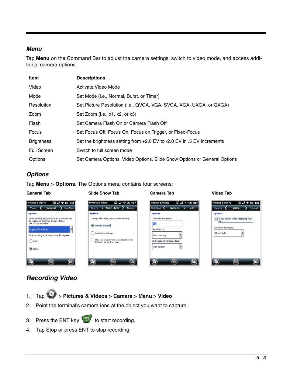 Recording video, Recording video -3 | Honeywell DOLPHIN 99EX User Manual | Page 55 / 190