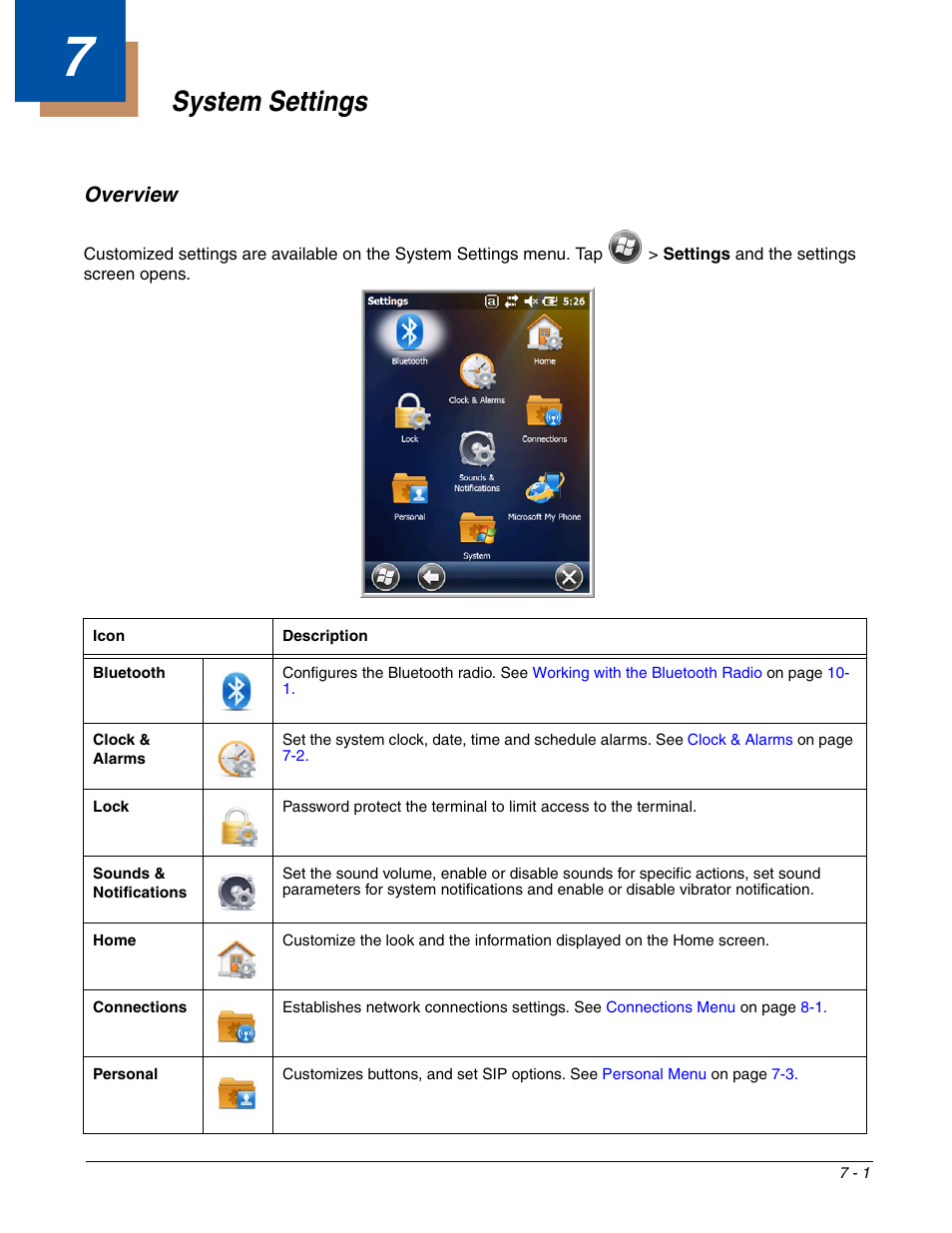 System settings, Overview, Chapter 7 - system settings | Overview -1 | Honeywell DOLPHIN 99EX User Manual | Page 75 / 190