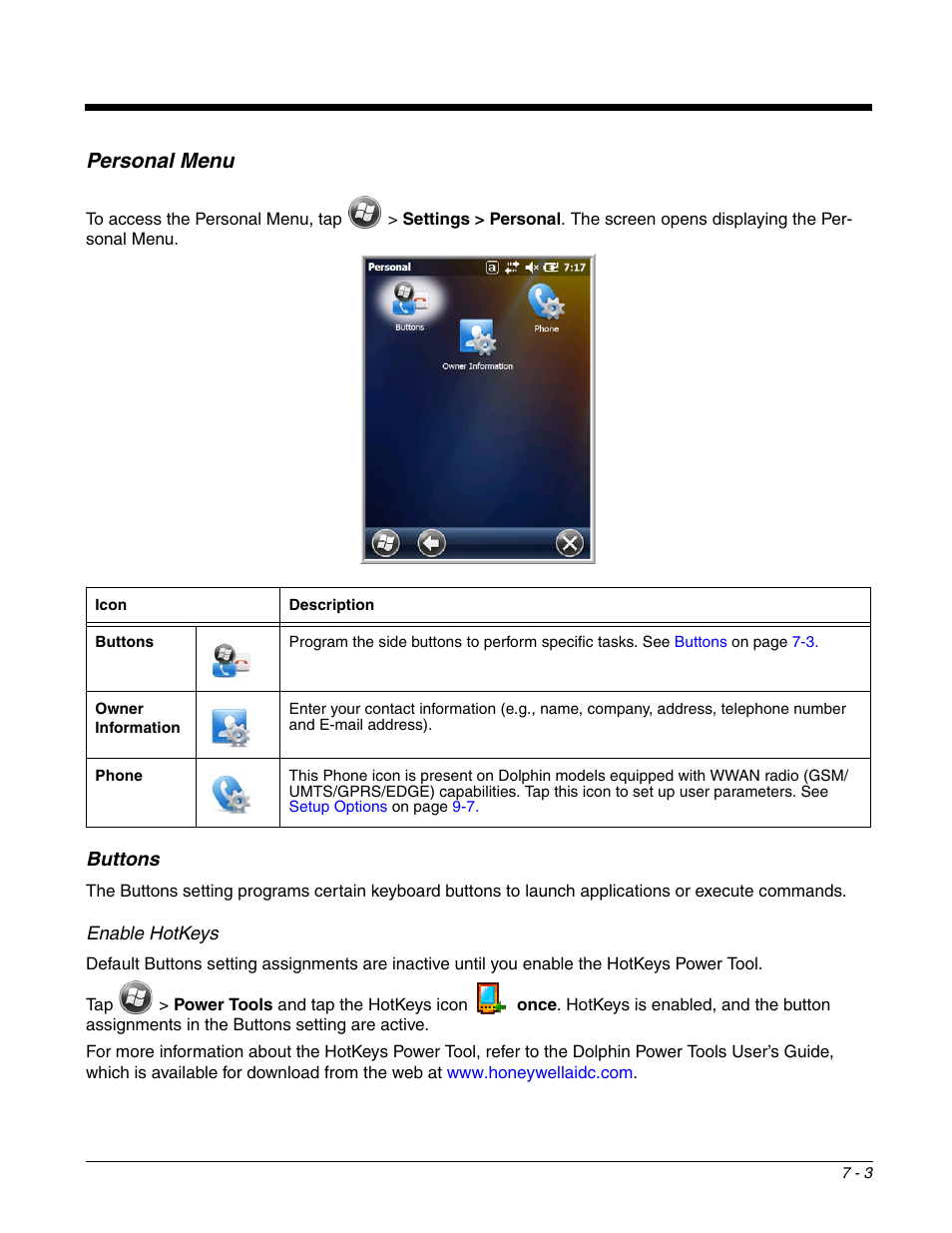 Personal menu, Buttons, Personal menu -3 | Buttons -3 | Honeywell DOLPHIN 99EX User Manual | Page 77 / 190