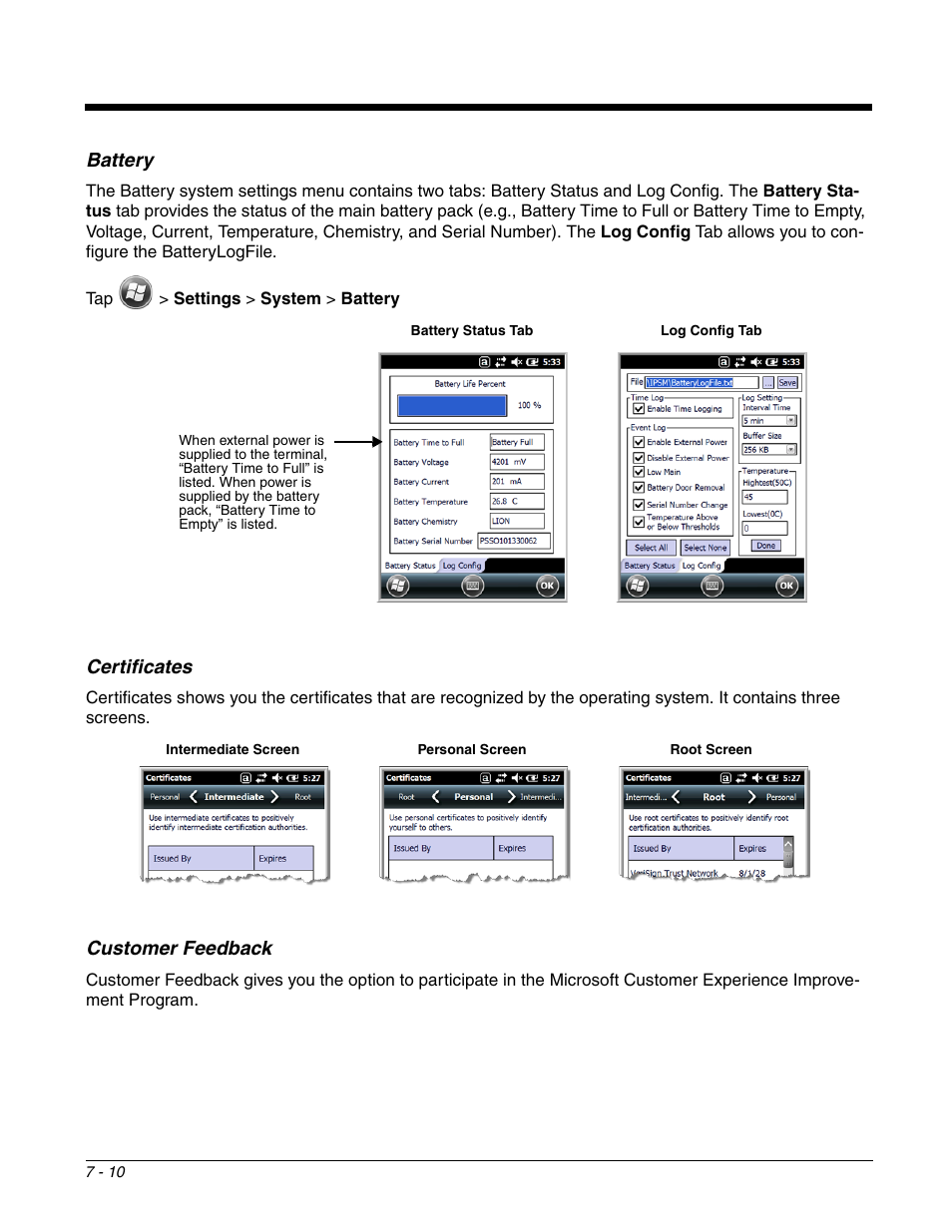 Battery, Certificates, Customer feedback | Battery -10 certificates -10 customer feedback -10, Ation | Honeywell DOLPHIN 99EX User Manual | Page 84 / 190
