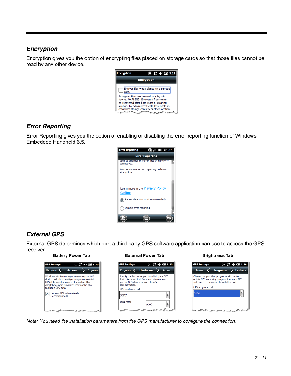 Encryption, Error reporting, External gps | Honeywell DOLPHIN 99EX User Manual | Page 85 / 190