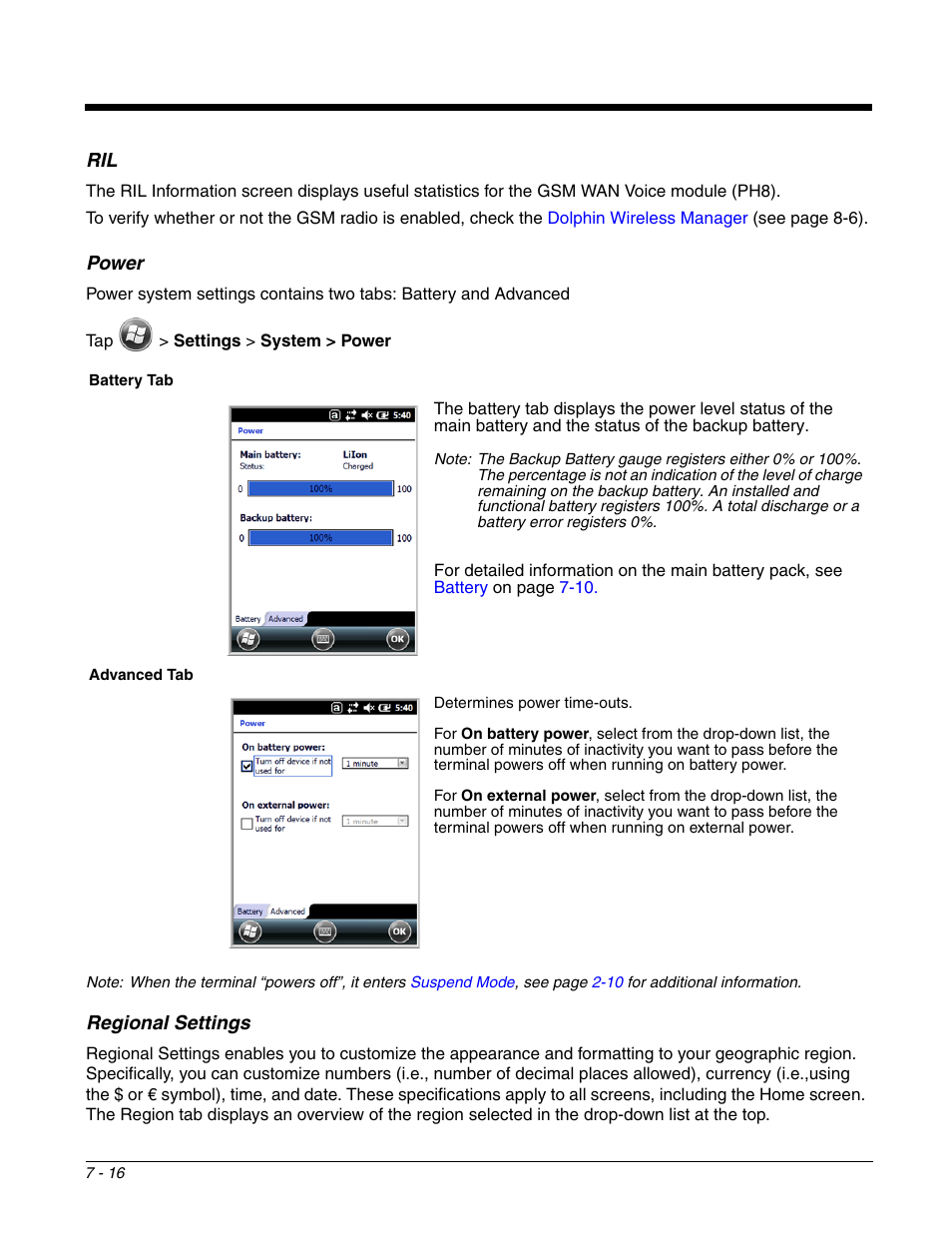 Power, Regional settings, Ril -16 power -16 regional settings -16 | R system setting; see | Honeywell DOLPHIN 99EX User Manual | Page 90 / 190