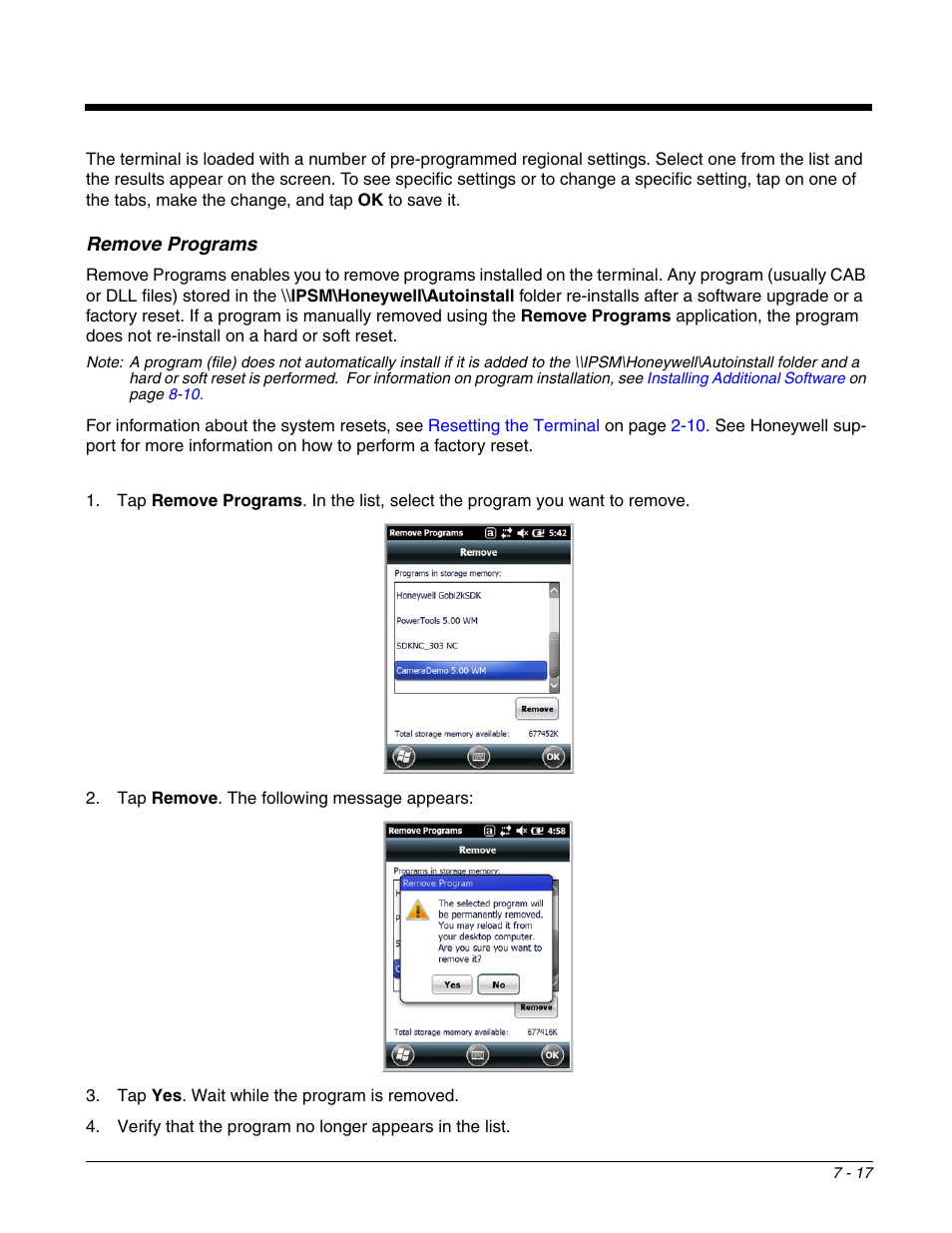 Remove programs, Remove programs -17 | Honeywell DOLPHIN 99EX User Manual | Page 91 / 190