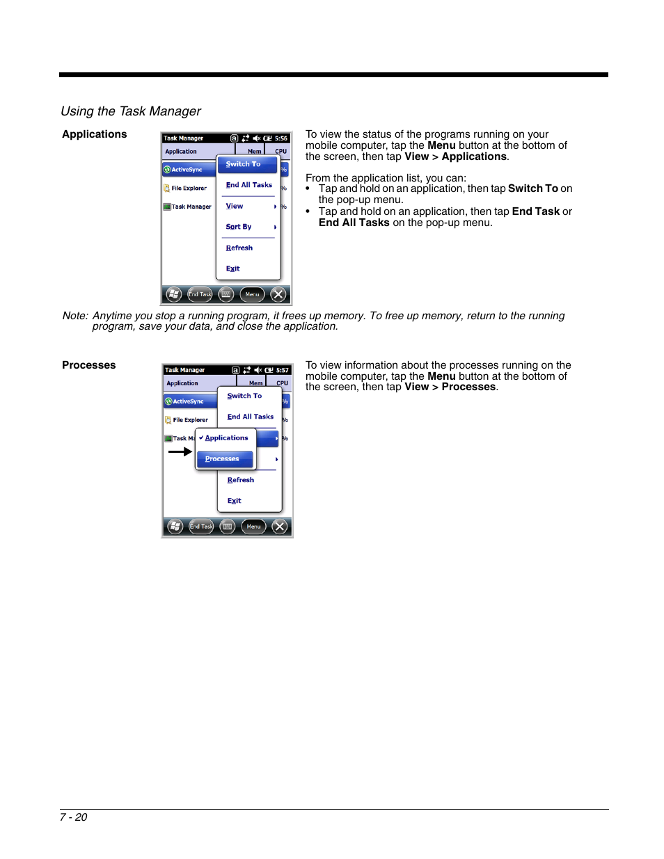 Using the task manager | Honeywell DOLPHIN 99EX User Manual | Page 94 / 190