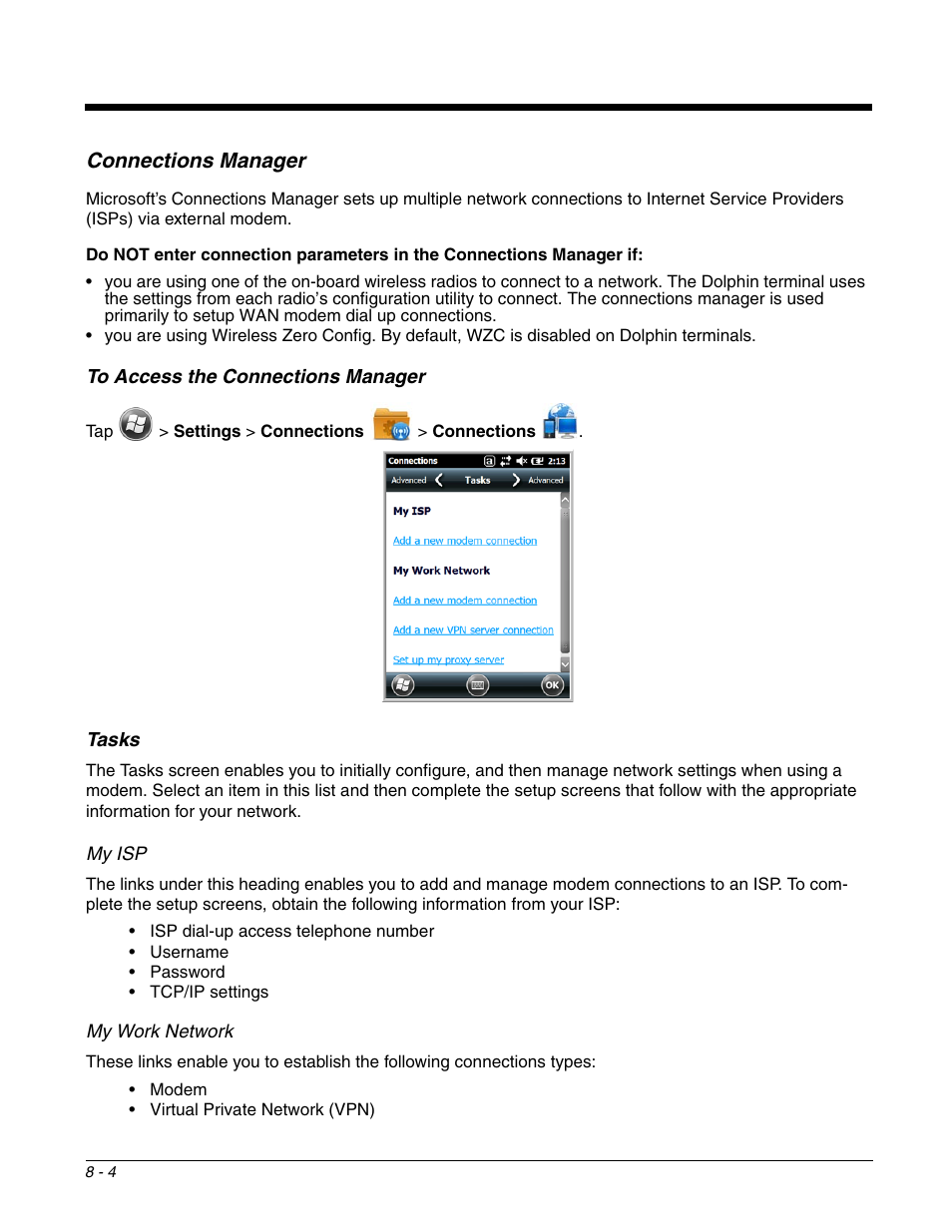 Connections manager, To access the connections manager, Tasks | Connections manager -4, To access the connections manager -4 tasks -4 | Honeywell DOLPHIN 99EX User Manual | Page 98 / 190