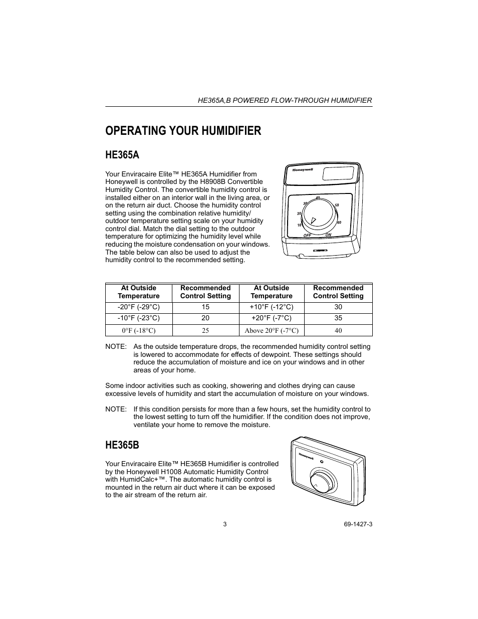 Operating your humidifier, He365a, He365b | He365a,b powered flow-through humidifier | Honeywell HE365B User Manual | Page 3 / 8