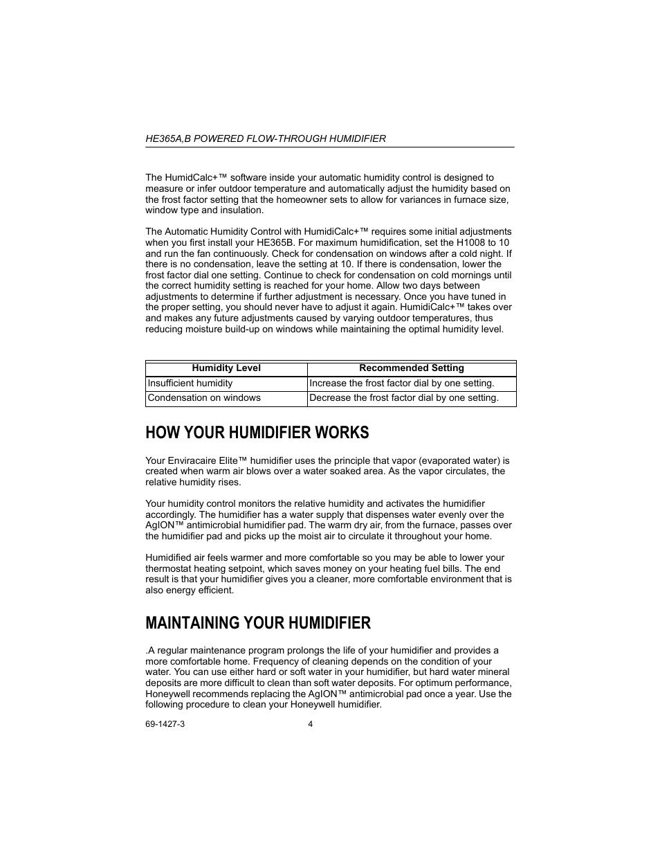 How your humidifier works, Maintaining your humidifier | Honeywell HE365B User Manual | Page 4 / 8