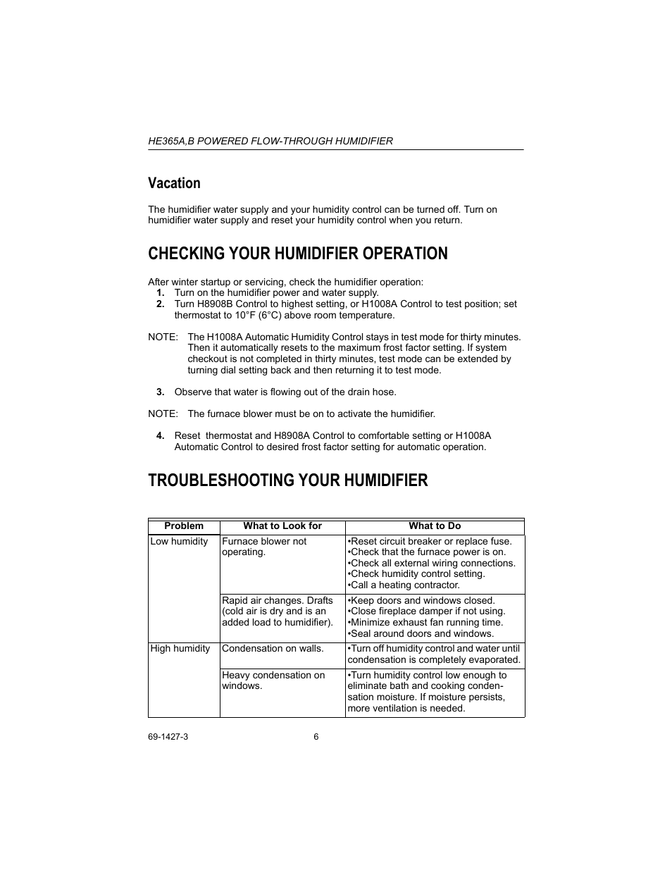 Checking your humidifier operation, Troubleshooting your humidifier, Vacation | Honeywell HE365B User Manual | Page 6 / 8