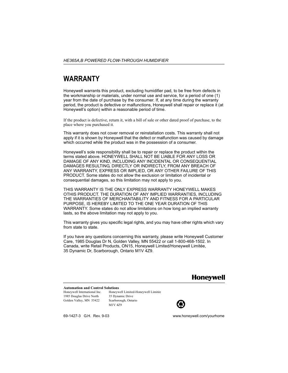 Warranty | Honeywell HE365B User Manual | Page 8 / 8