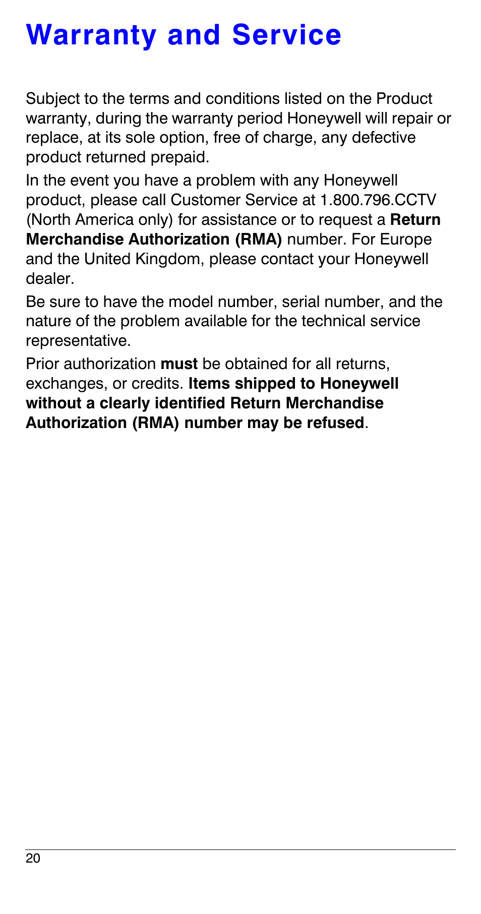 Warranty and service | Honeywell HCS544 User Manual | Page 20 / 24