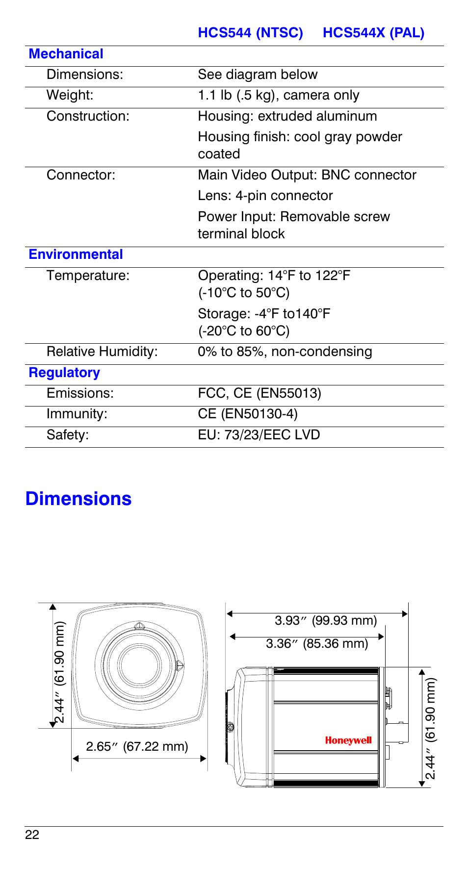 Dimensions | Honeywell HCS544 User Manual | Page 22 / 24