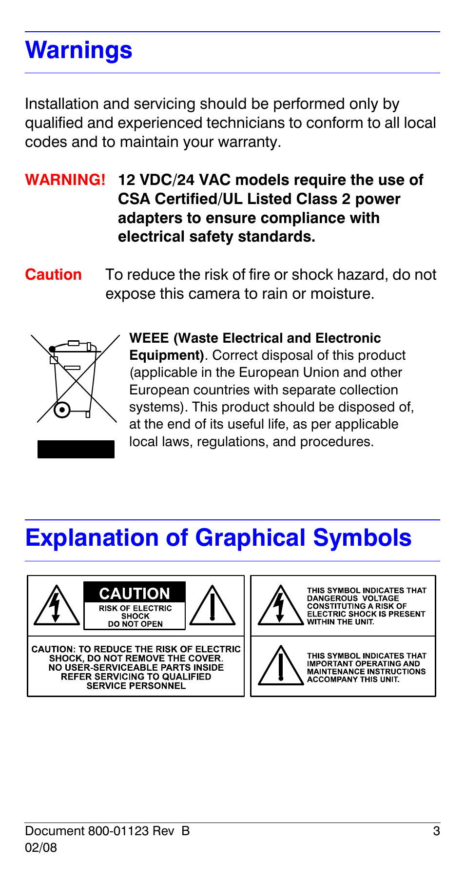 Warnings, Explanation of graphical symbols | Honeywell HCS544 User Manual | Page 3 / 24