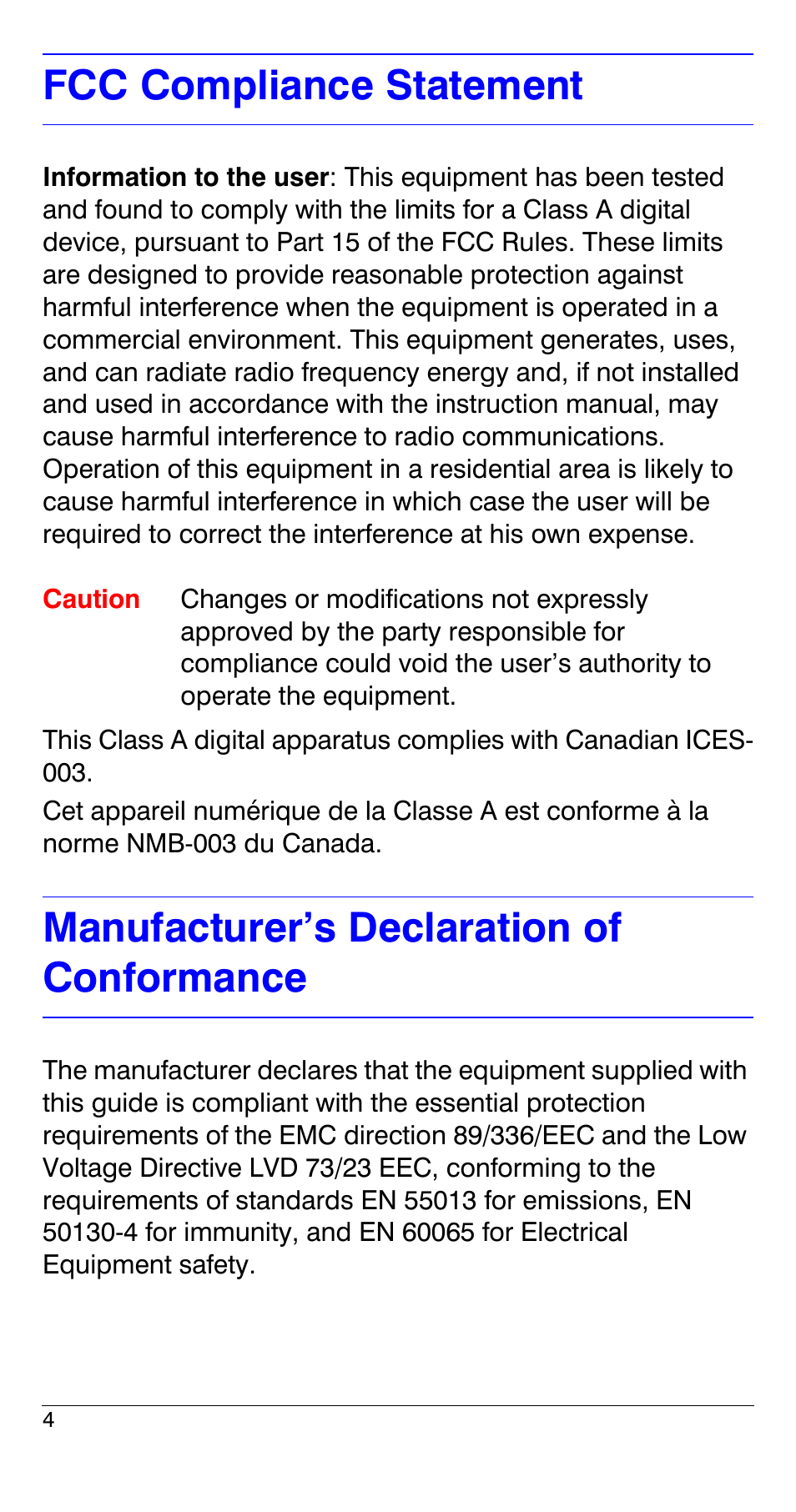 Fcc compliance statement, Manufacturer’s declaration of conformance | Honeywell HCS544 User Manual | Page 4 / 24