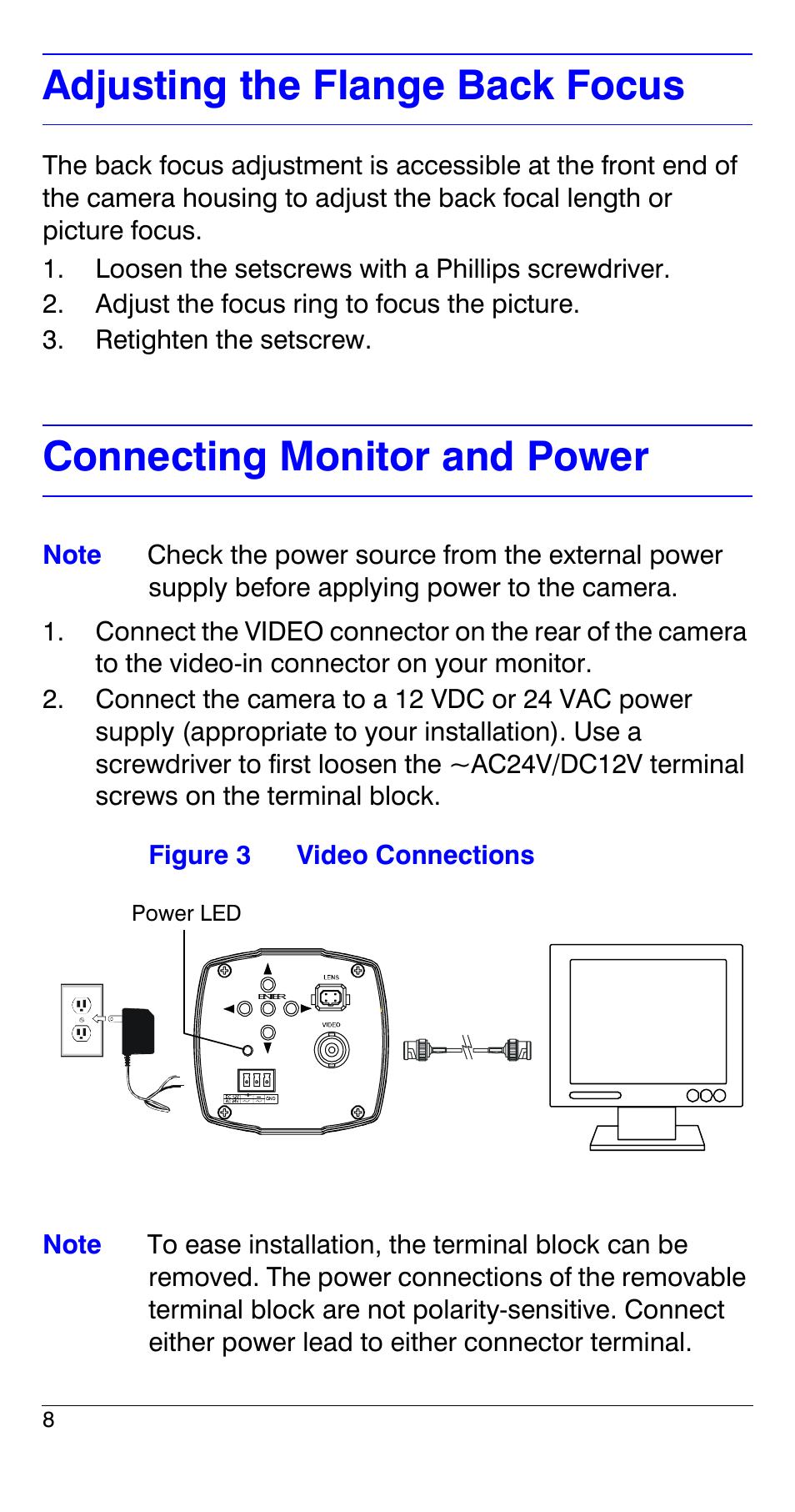 Adjusting the flange back focus, Connecting monitor and power | Honeywell HCS544 User Manual | Page 8 / 24