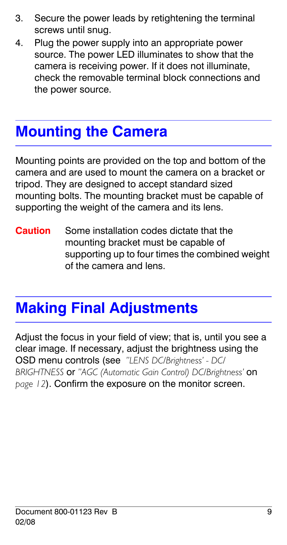 Mounting the camera, Making final adjustments, Mounting the camera making final adjustments | Honeywell HCS544 User Manual | Page 9 / 24