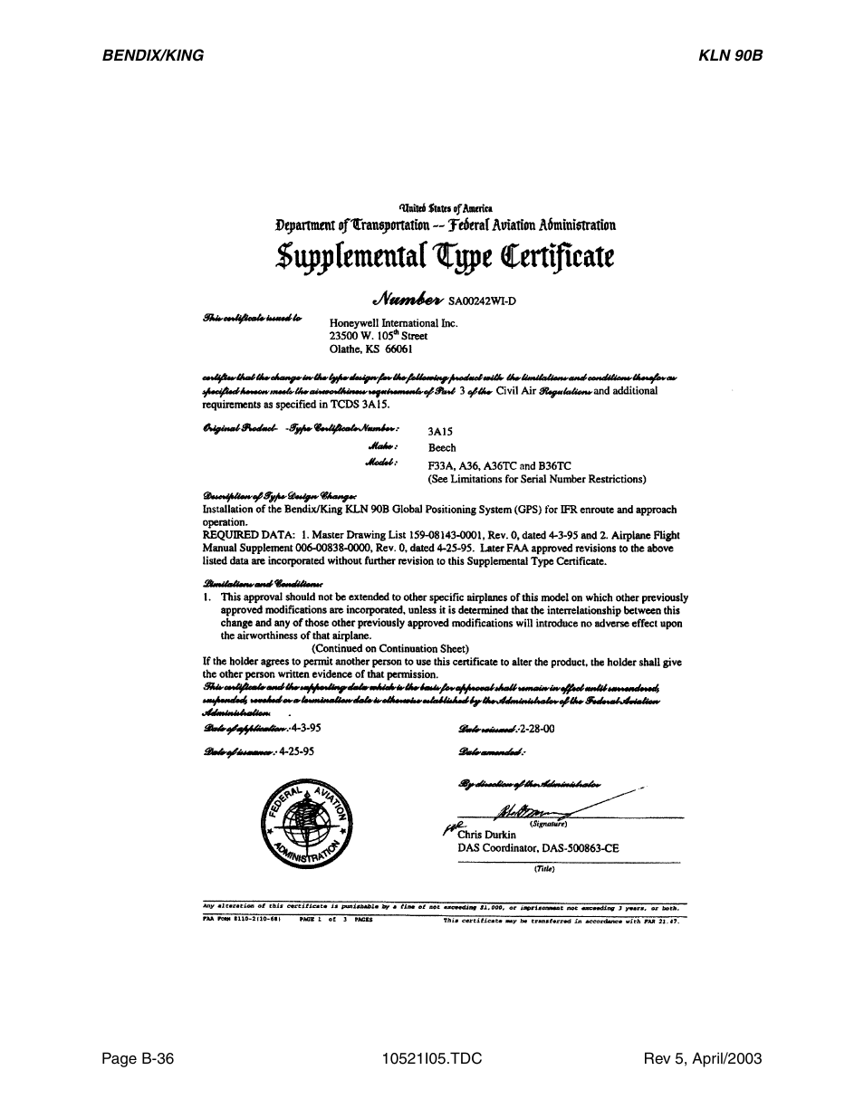 Kln 90b supplemental type certificate | Honeywell BEDIX/KING GPS RNAV User Manual | Page 128 / 152