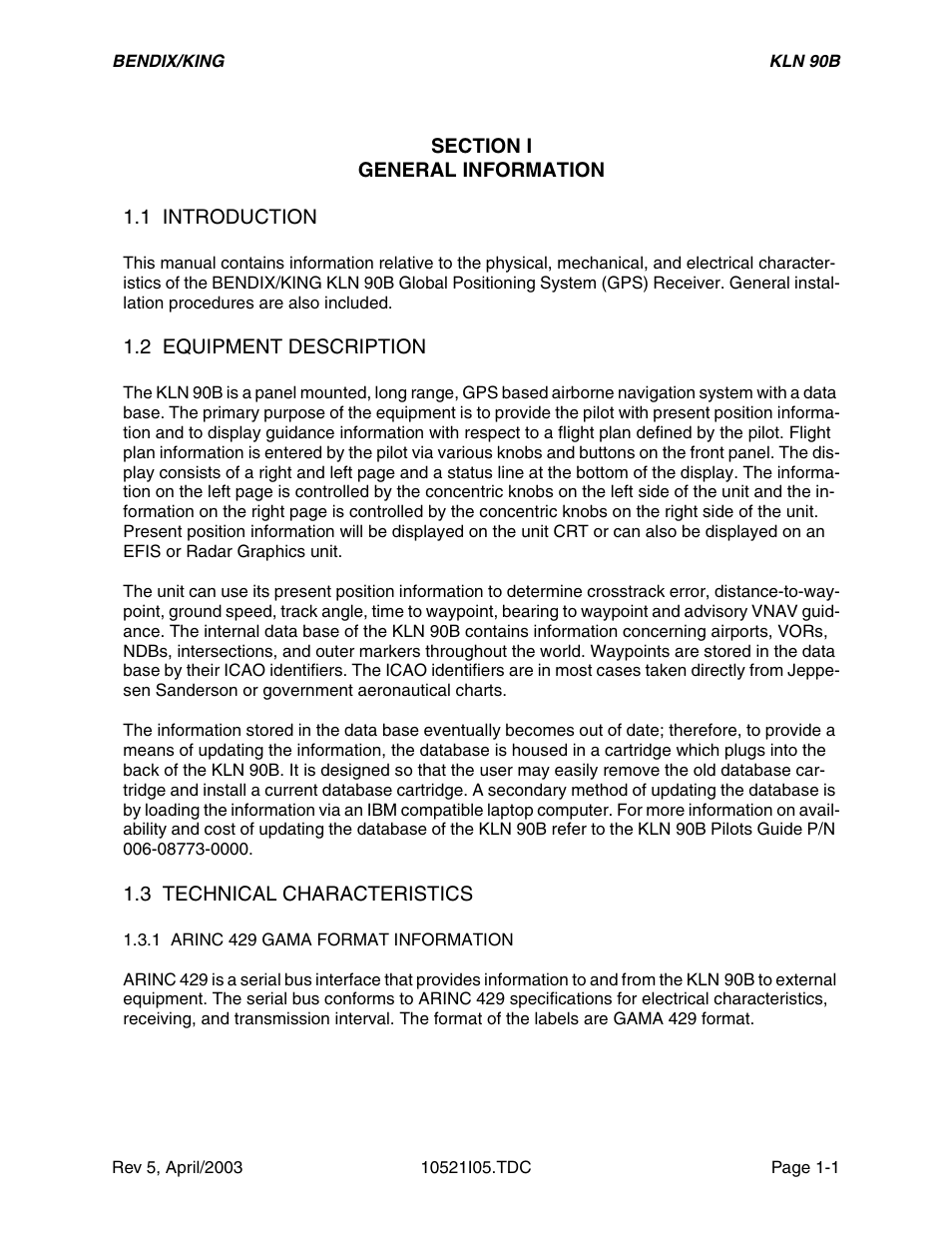 Section i, 1 introduction, 2 equipment description | 3 technical characteristics, 1 arinc 429 gama format information | Honeywell BEDIX/KING GPS RNAV User Manual | Page 7 / 152