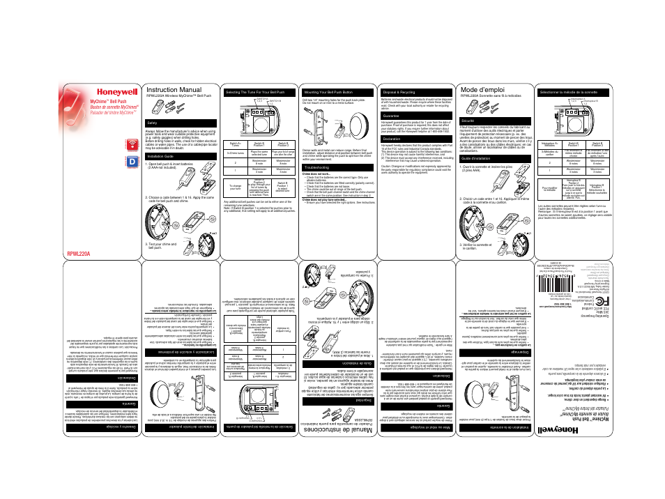 Honeywell RPWL220A User Manual | 1 page