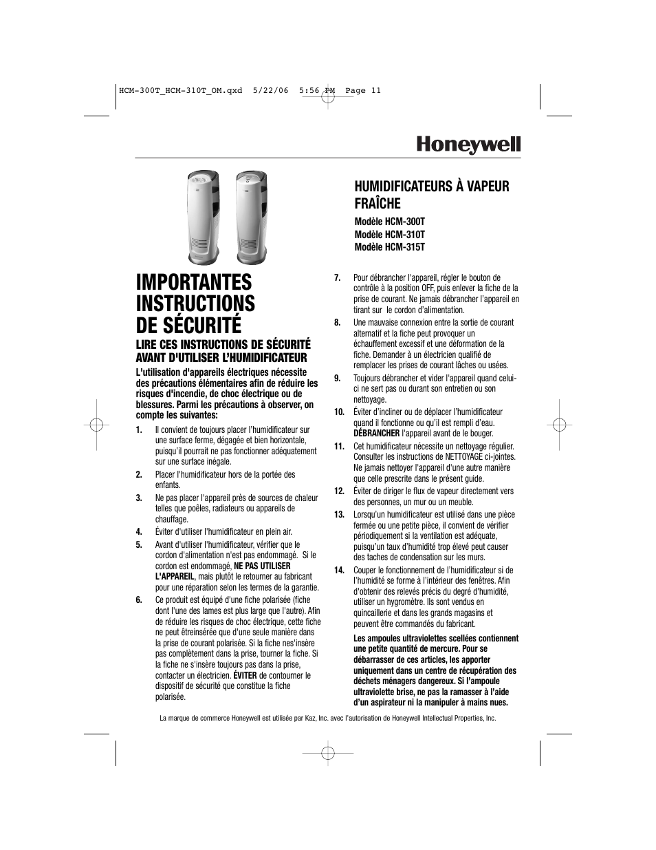 Importantes instructions de sécurité, Humidificateurs à vapeur fraîche | Honeywell HCM-310T User Manual | Page 11 / 32