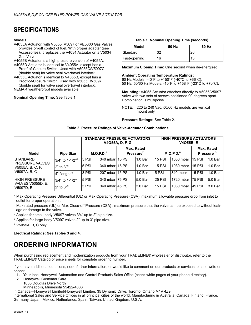 Specifications, Ordering information | Honeywell V4055 User Manual | Page 2 / 8