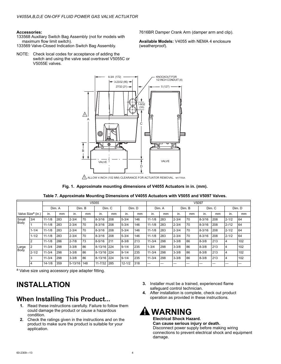 Installation, When installing this product, Warning | Honeywell V4055 User Manual | Page 4 / 8