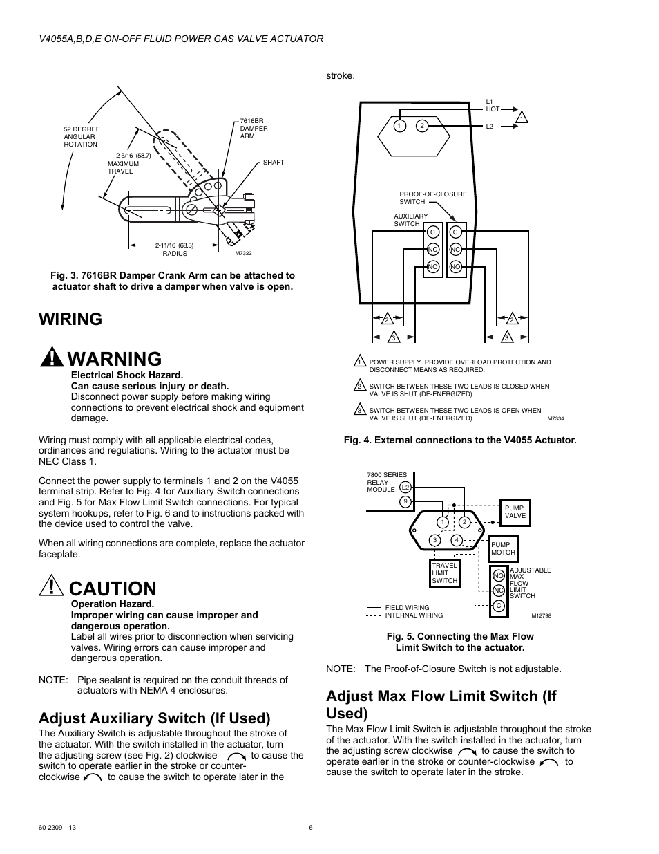 Wiring, Adjust auxiliary switch (if used), Adjust max flow limit switch (if used) | Warning, Caution | Honeywell V4055 User Manual | Page 6 / 8