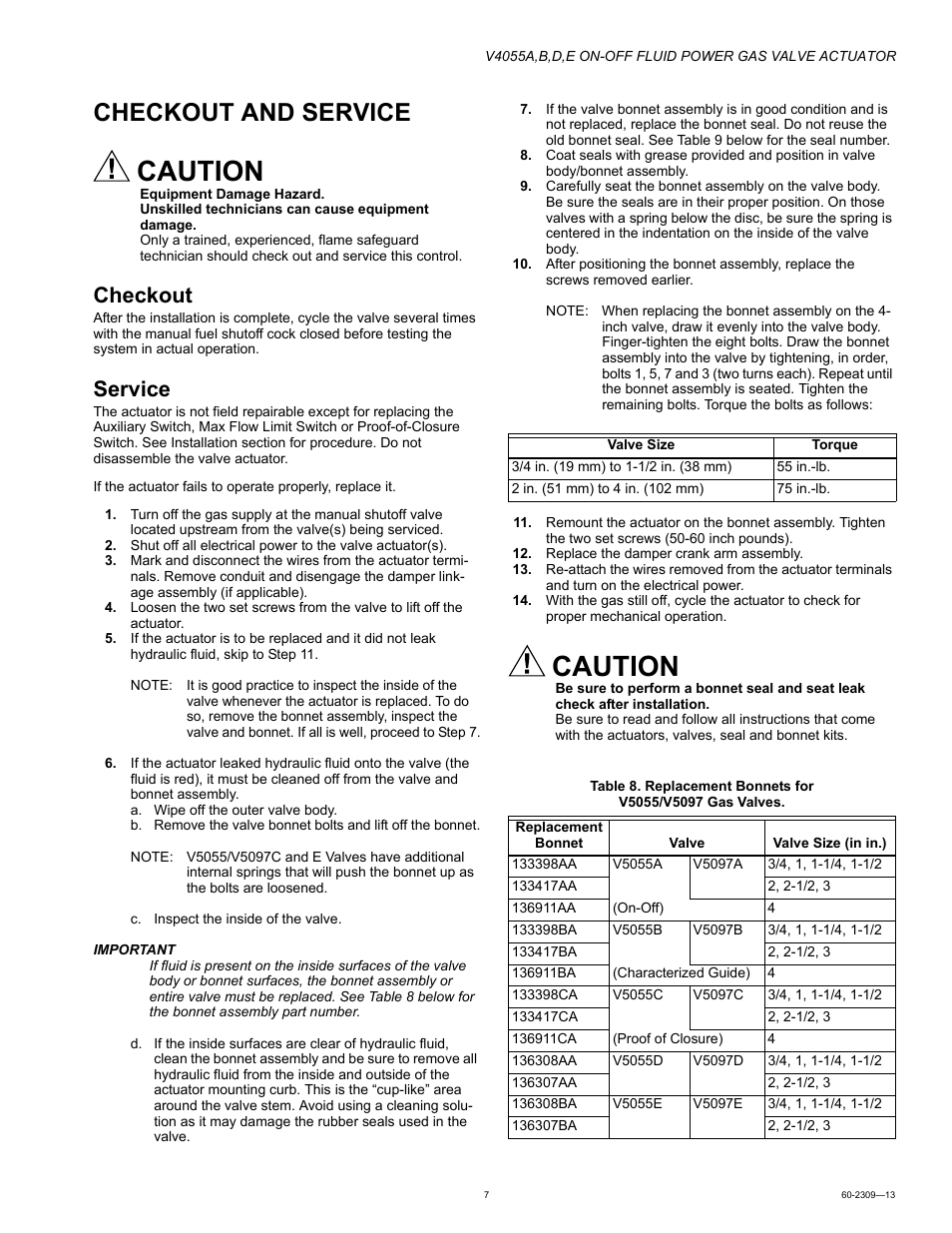 Checkout and service, Checkout, Service | Caution | Honeywell V4055 User Manual | Page 7 / 8