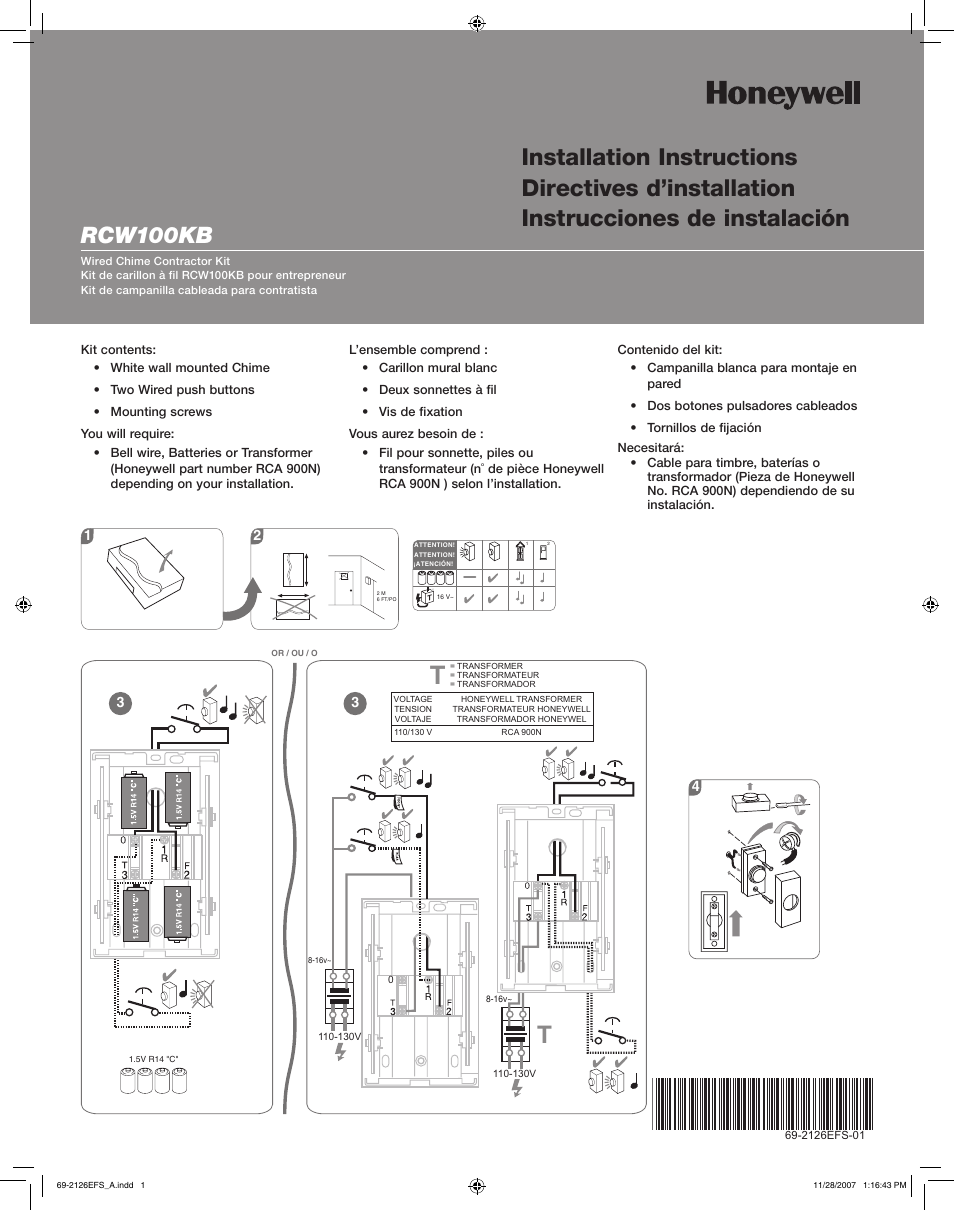 Honeywell RCW100KB User Manual | 2 pages