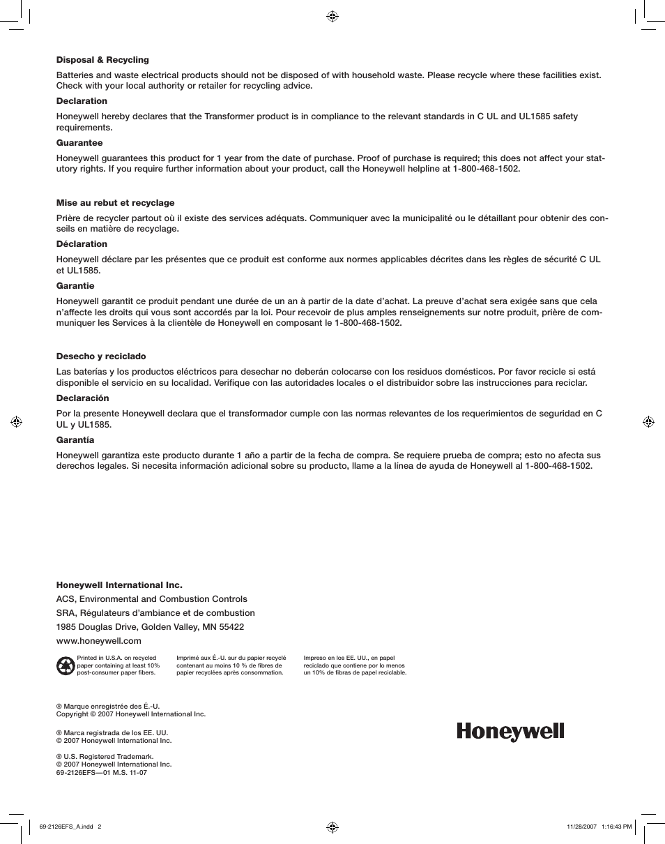 Honeywell RCW100KB User Manual | Page 2 / 2