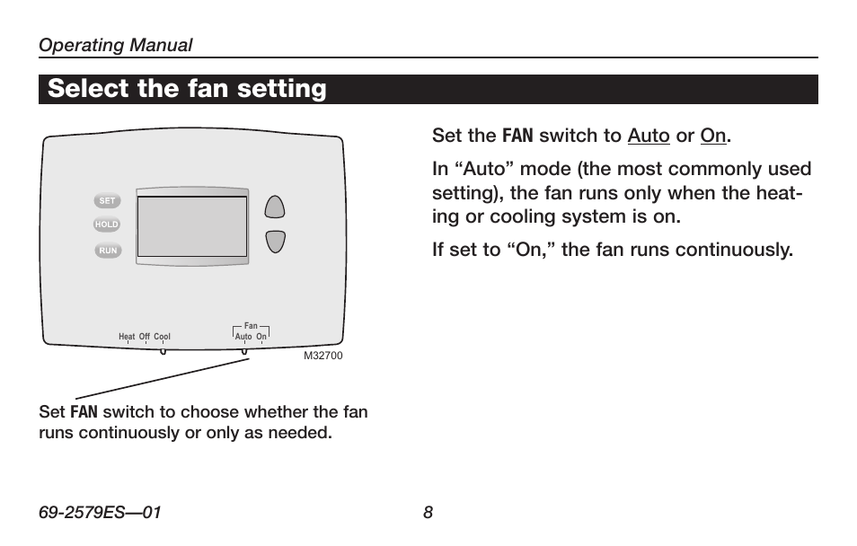 Select the fan setting | Honeywell RTHL2510 User Manual | Page 10 / 48