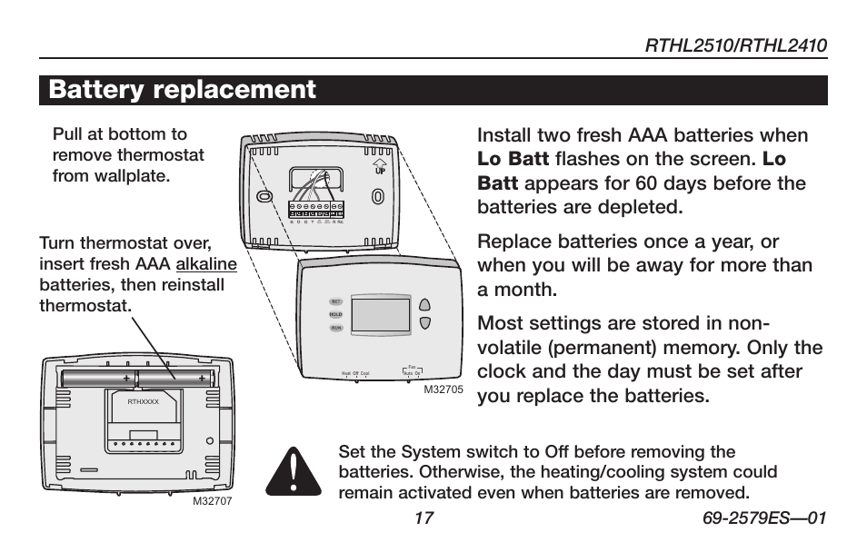 Battery replacement | Honeywell RTHL2510 User Manual | Page 19 / 48