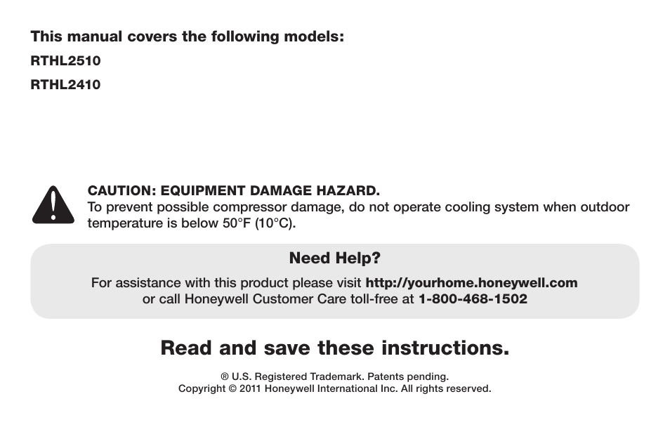 Read and save these instructions | Honeywell RTHL2510 User Manual | Page 2 / 48