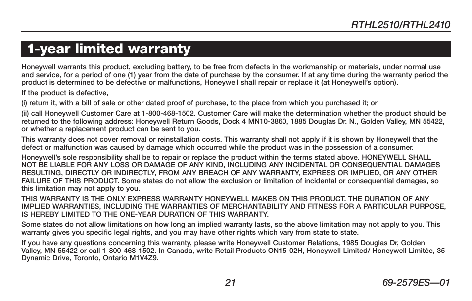 About your new thermostat 1-year limited warranty | Honeywell RTHL2510 User Manual | Page 23 / 48