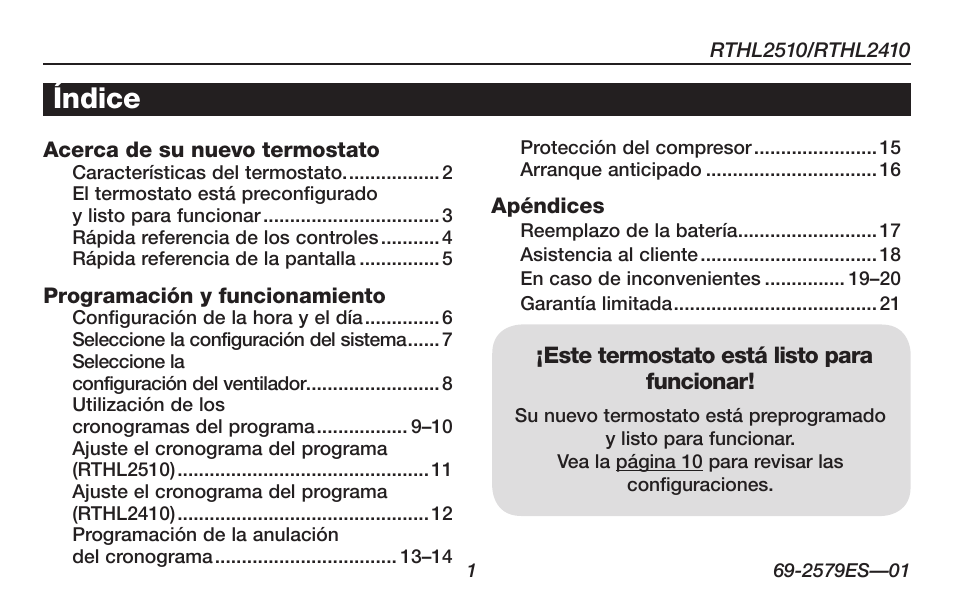 Acerca de su nuevo termostato índice | Honeywell RTHL2510 User Manual | Page 27 / 48