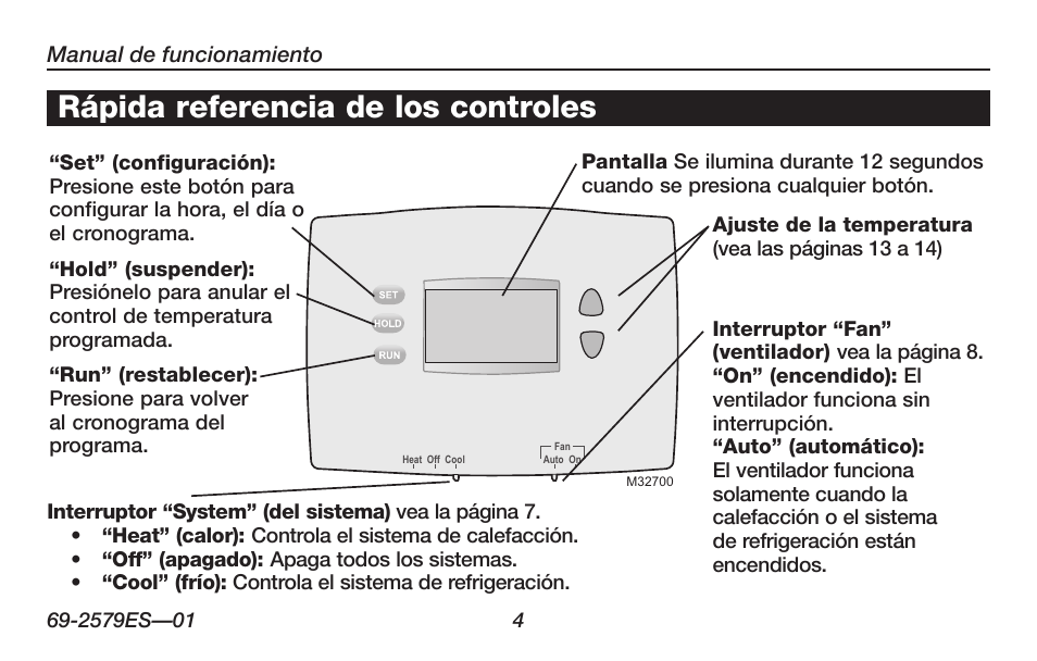 Acerca de su nuevo termostato, Rápida referencia de los controles | Honeywell RTHL2510 User Manual | Page 30 / 48