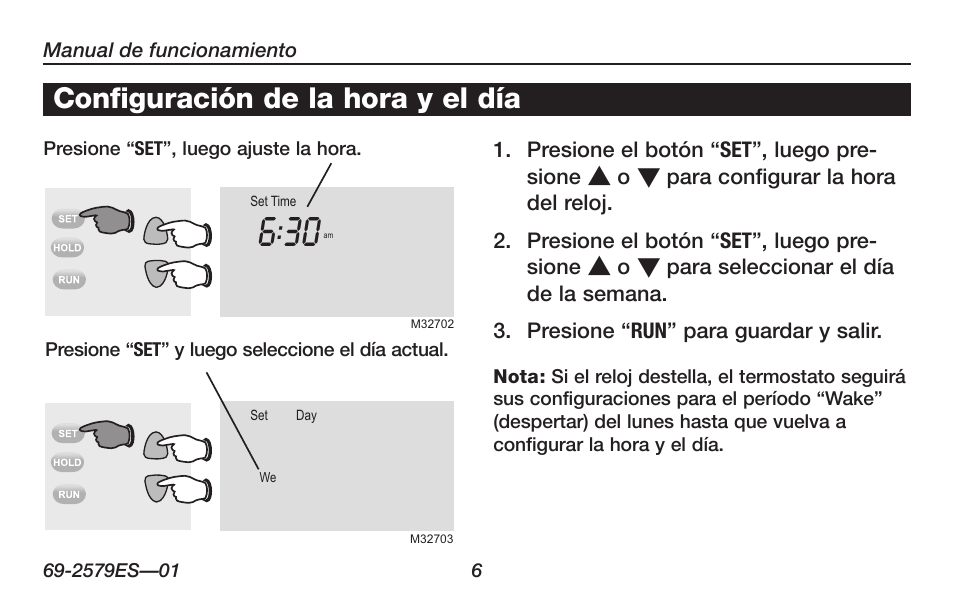 Acerca de su nuevo termostato, Configuración de la hora y el día | Honeywell RTHL2510 User Manual | Page 32 / 48