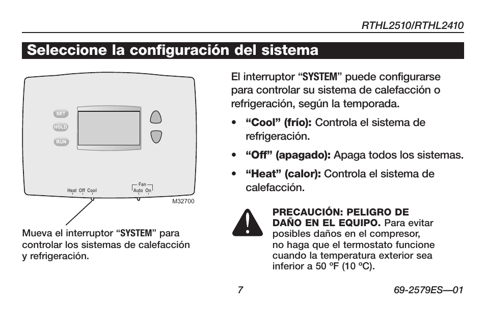 Acerca de su nuevo termostato, Seleccione la configuración del sistema | Honeywell RTHL2510 User Manual | Page 33 / 48