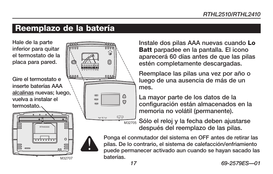 Acerca de su nuevo termostato, Reemplazo de la batería | Honeywell RTHL2510 User Manual | Page 43 / 48