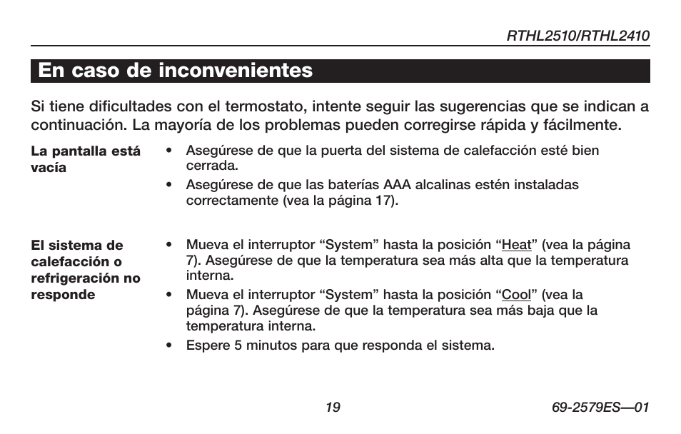 Acerca de su nuevo termostato, En caso de inconvenientes | Honeywell RTHL2510 User Manual | Page 45 / 48