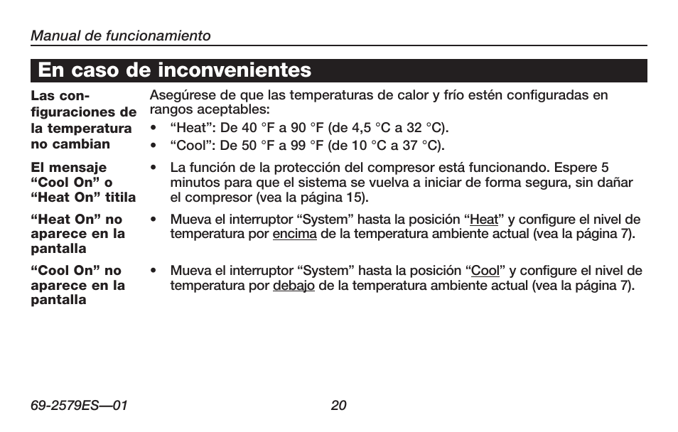 Acerca de su nuevo termostato, En caso de inconvenientes | Honeywell RTHL2510 User Manual | Page 46 / 48