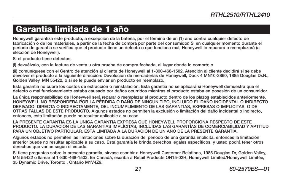 Acerca de su nuevo termostato, Garantía limitada de 1 aсo | Honeywell RTHL2510 User Manual | Page 47 / 48