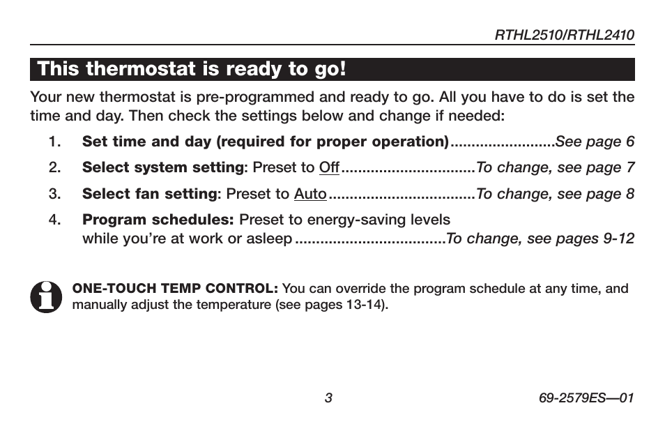 This thermostat is ready to go | Honeywell RTHL2510 User Manual | Page 5 / 48