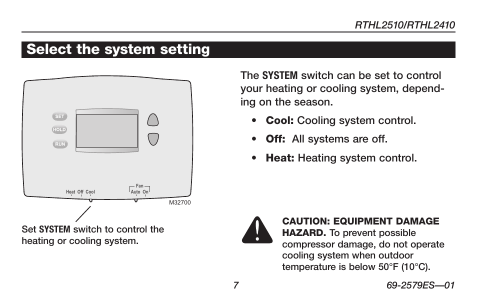 Select the system setting | Honeywell RTHL2510 User Manual | Page 9 / 48