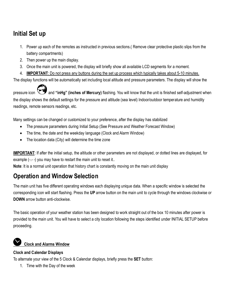 Initial set up, Operation and window selection | Honeywell TE821WD User Manual | Page 13 / 33