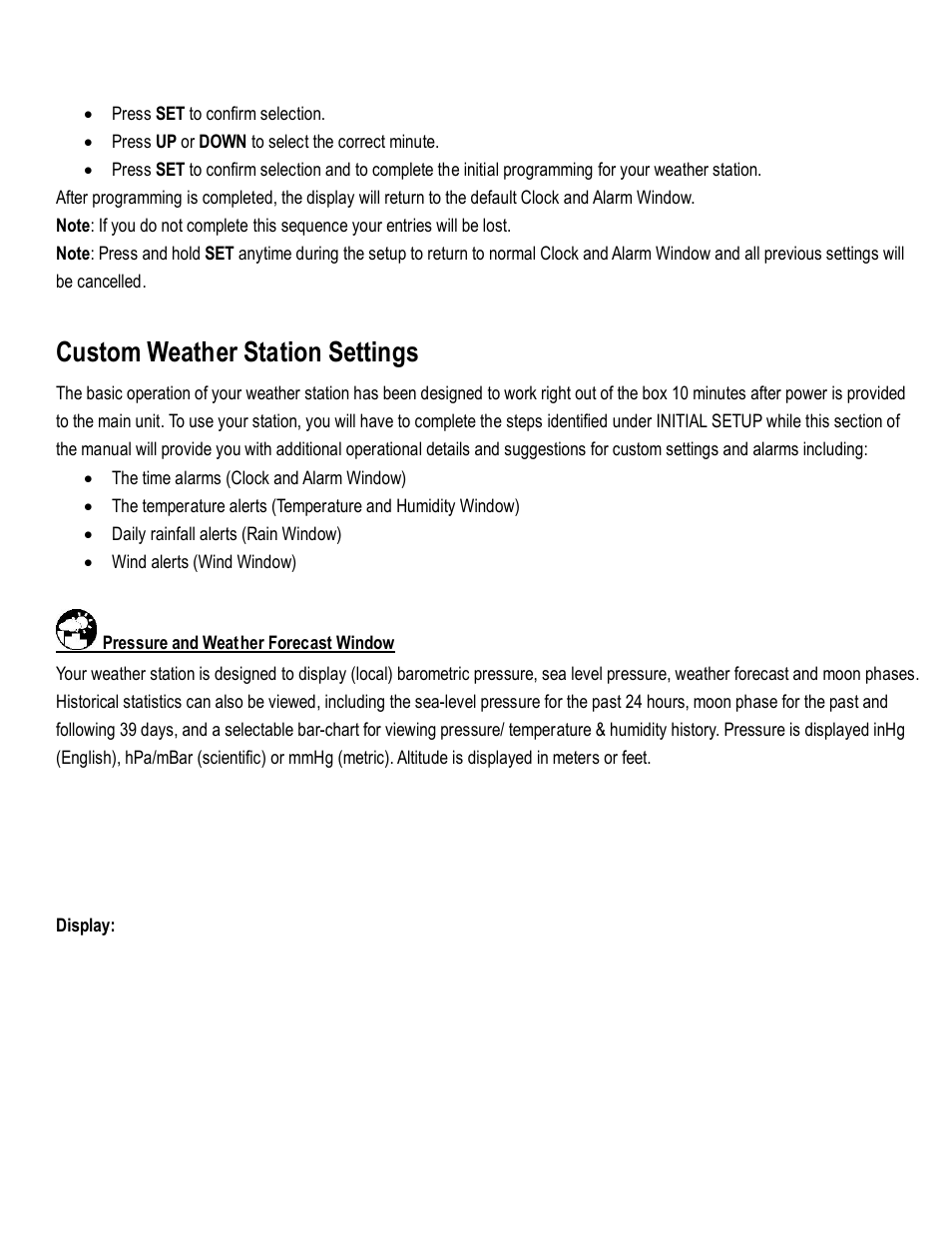 Custom weather station settings | Honeywell TE821WD User Manual | Page 15 / 33