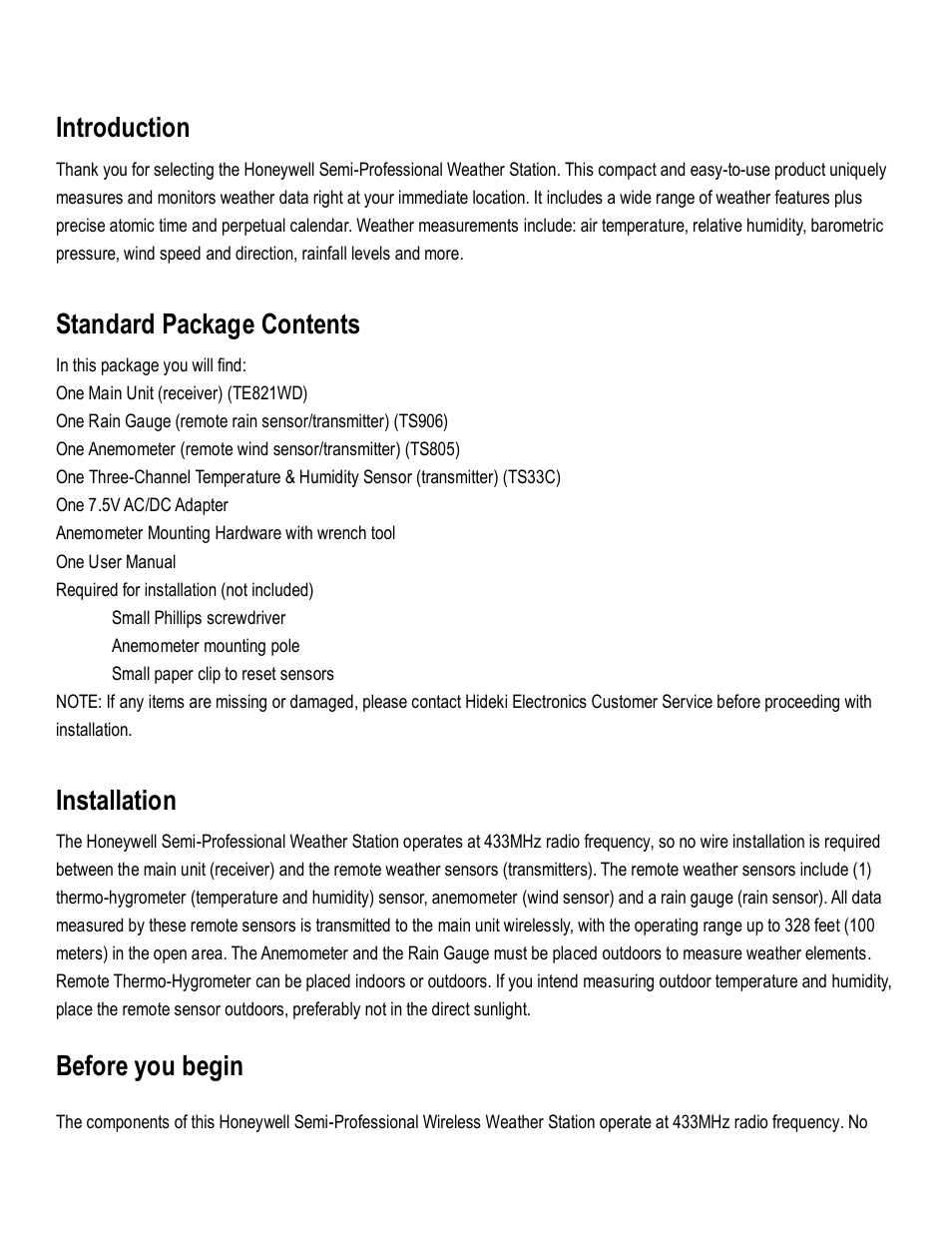 Introduction, Standard package contents, Installation | Before you begin | Honeywell TE821WD User Manual | Page 3 / 33