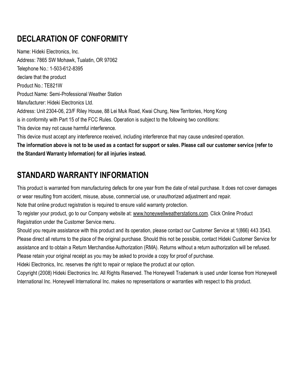 Declaration of conformity, Standard warranty information | Honeywell TE821WD User Manual | Page 33 / 33